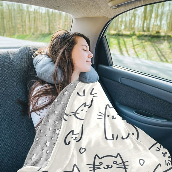 Cats Stick Figure Travel Blanket Pillow Compact Foldable Airplane Throw Blanket with Trolley Sleeve for Travel Camping