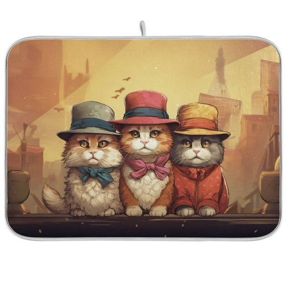 Cats Suits Hats Ruins Dish Drying Mat Dish Drainer Rack Mats Water Absorbent Non-Slip Easy Clean Heat Resistant for Kitchen Counter