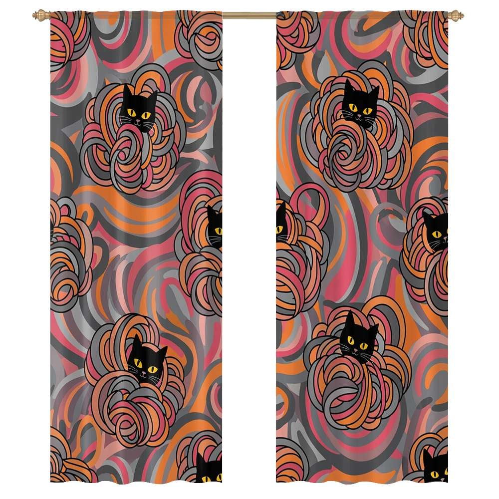 Cats Swirls Pattern Tulle Curtains For Living Room Chiffon Sheer Voile ...