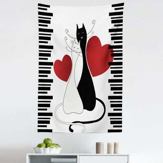 Cats Tapestry, Romantic Kittens Pets Couple 2 Tails Hearts and Black Stripes Animals in Love, Fabric Wall Hanging Decor for Bedroom Living Room Dorm, 5 Sizes, White Black Red, by Ambesonne
