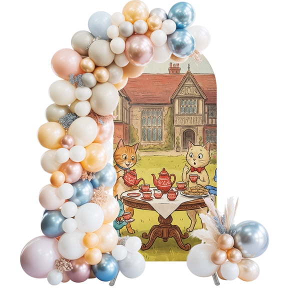 Cats Tea Party Arch Backdrop Cover 6 FT Manor House Garden Whimsical Animal Stretchy Elastic Arch Stand Covers Spandex Arched Background Birthday Wedding Party Decoration (No Stand)