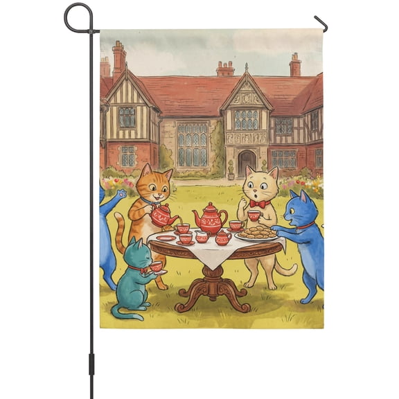 Cats Tea Party Garden Flag 12 x 18 Inches, Manor House Garden Whimsical Animal Weather Proof Outdoor Patio Flags Double Sided Small Garden Decoration for Yard Outside Home