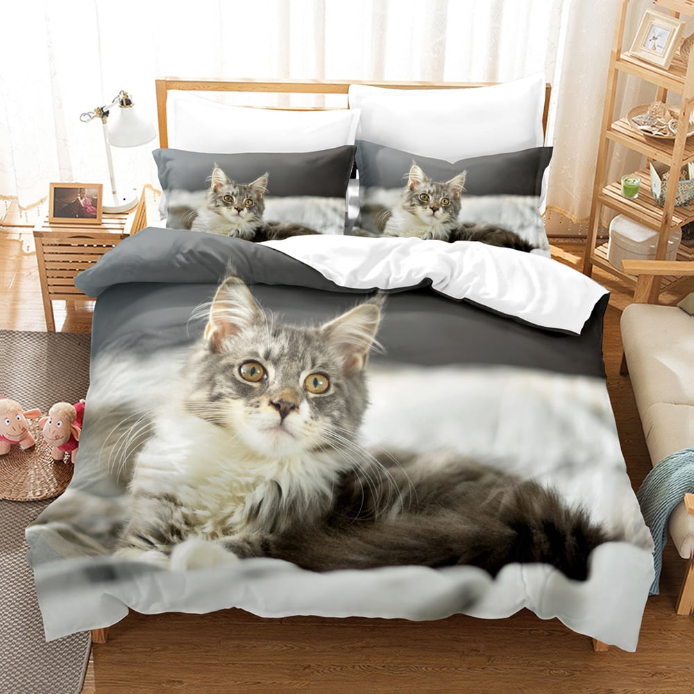 Cats Theme Cute Kitten Print Bedding Set, Adorable Kitty Graphic Bed