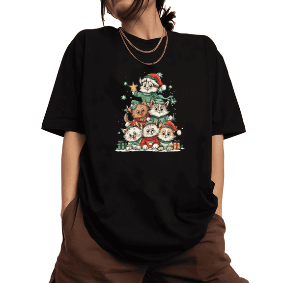 Cats Tree Print Tshirt Shirts Graphic Tees Black Christmas Cats Gift S-5XLWoman Fashion Printed