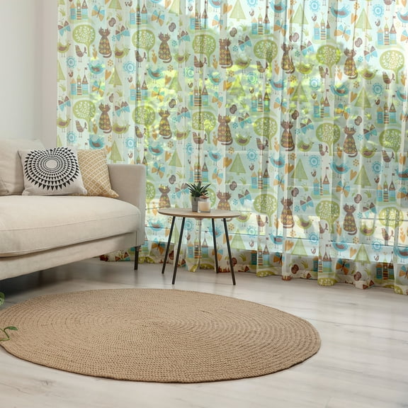 Cats Tulle Curtains with Rod Pocket, Cats Birds and Butterflies with Ornate Details Fantasy Castle Trees Hearts, Sheer Drape for Wedding Party 2 Panels, 7 Sizes, Green Brown Pale Blue, by Ambesonne