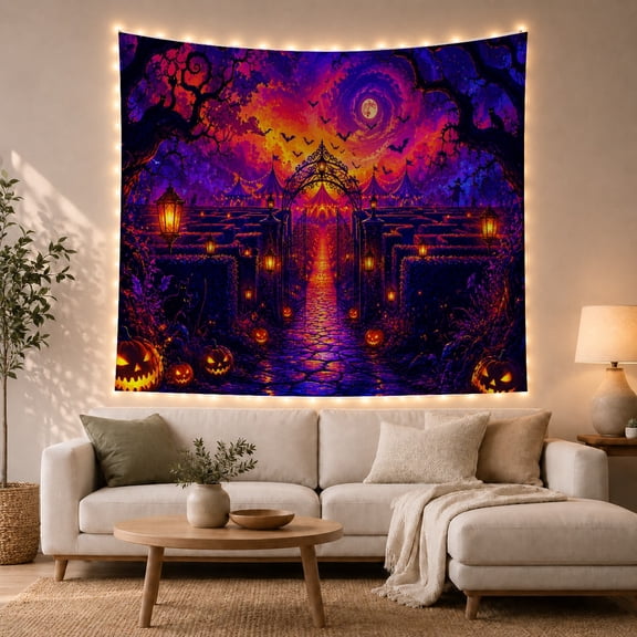 Cats Twilight Ornate with Iron Archway Frames Cobblestone, Playful Fantasy for Cat Lovers, Cat Wall Art, Halloween Gift, Tapestry Wall Hanging for Bedroom, Living Room and Dorm