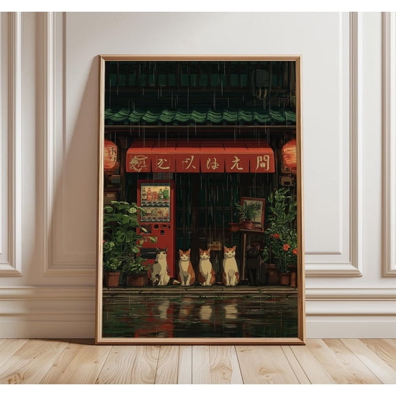 Cats Under Awning Japanese Street Illustration Cozy Rainy Shop Decor, Unframed Canvas