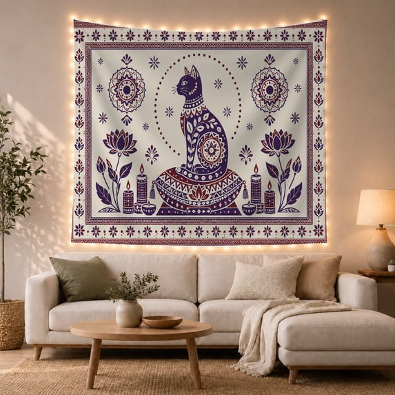 Cats Upright Facing with Left Indigo Decorated Circular, Playful Folk Art for Cat Lovers, Cat Wall Art, Christmas Gift, Tapestry Wall Hanging for Bedroom, Living Room and Dorm