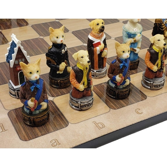 Cats Vs Dogs Animal Painted Chess Set With 17" Rustic Color Board