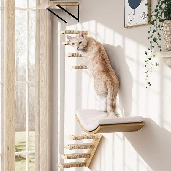 Cats Wall Shelves with Sponge Mat, Cat Climbing Tree with 2 Steps Square Platforms and Curved Platforms, Wooden Cat Wall Furniture Set for Sleeping and Playing