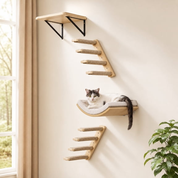 PELUOMOZ Wall-Mounted Cat Furniture Set, Wooden Climbing Shelves with 2 Steps, Curved Perch and Foam Pad
