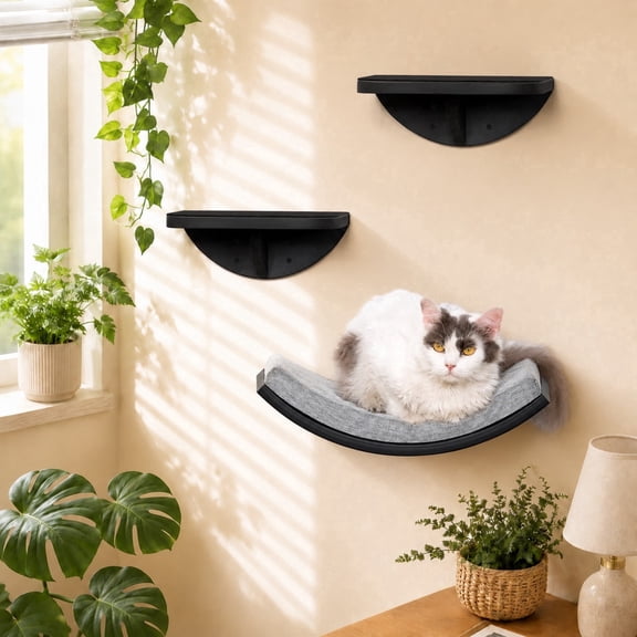 Peluomoz Wooden Wall Mounted Cat Shelf Set with Step and Curved Perch, 2 Count