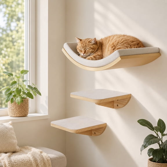 PELUOMOZ Cat Furniture, Wall-Mounted Wooden 2-Step Climbing Shelf Set with Sponge Mat and Curved Perch