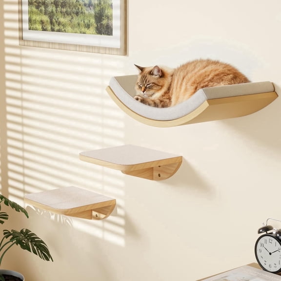 PELUOMOZ Cat Furniture, Wall-Mounted Wooden 2-Step Climbing Shelf Set with Sponge Mat and Curved Perch