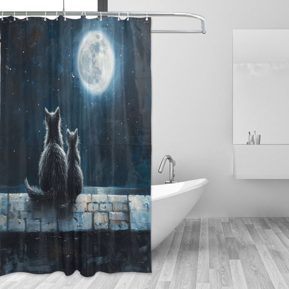 Cats Watching The Moon Shower Curtains with 12 Hooks Waterproof Bathroom Decor 66" x 72"