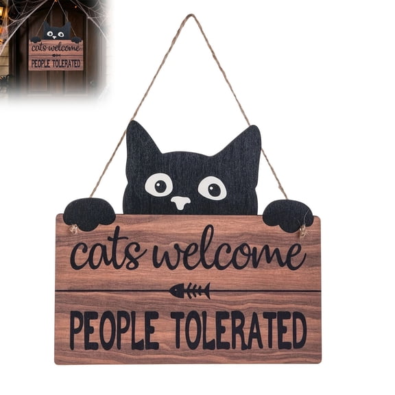 Cats Welcome People Tolerated Wooden Hanging Sign, Black Cat Door Wall Plaque 8.86 x 7.87 Inch Cat Lovers Decor