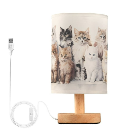 Cats White Table Lamp USB Bedside Desk Nightstand Lamp Printed Gifts Small Lamp Wood Base for Bedroom Living Room Kids Room College Dorm