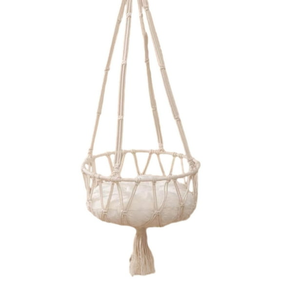 Cats Window Hammocks Bed - Hanging Macrame Seat for Large Cats | Safe Space-Saving Indoor Outdoor Mount | Washable Cotton Rope | 14.96x14.96x14.17in | 11lb Capacity | Beige