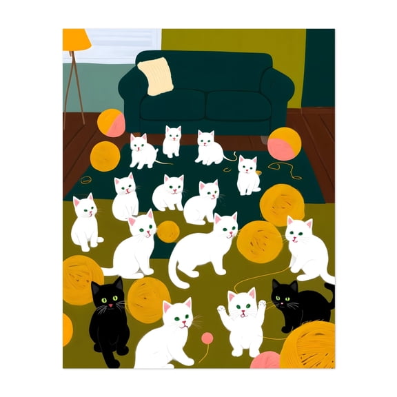 Cats & Wool - Illustration Cat Animal Whimsical Modern Art Pop Art Humor Fantasy Unframed Wall Art Print 20 x 24 inches