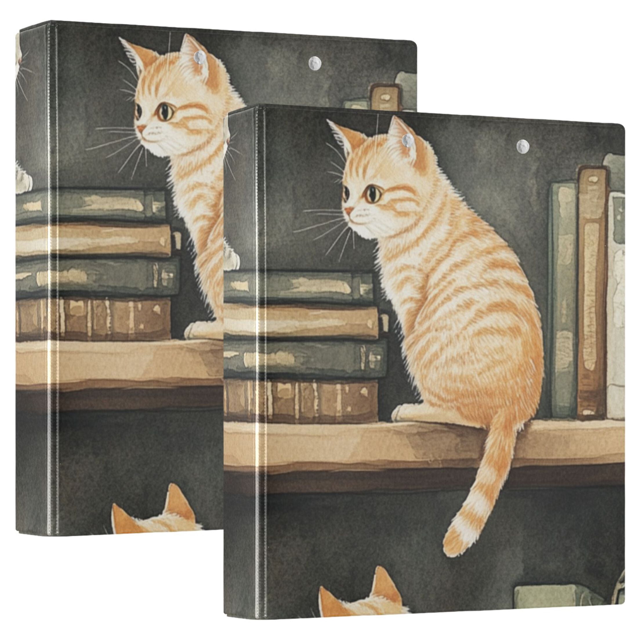 Cats and Books 3 Ring Binders 1.5 inch Hardcover File Folders with Interior Pockets A4 Size Organizer for School Office Hospital Set of 2