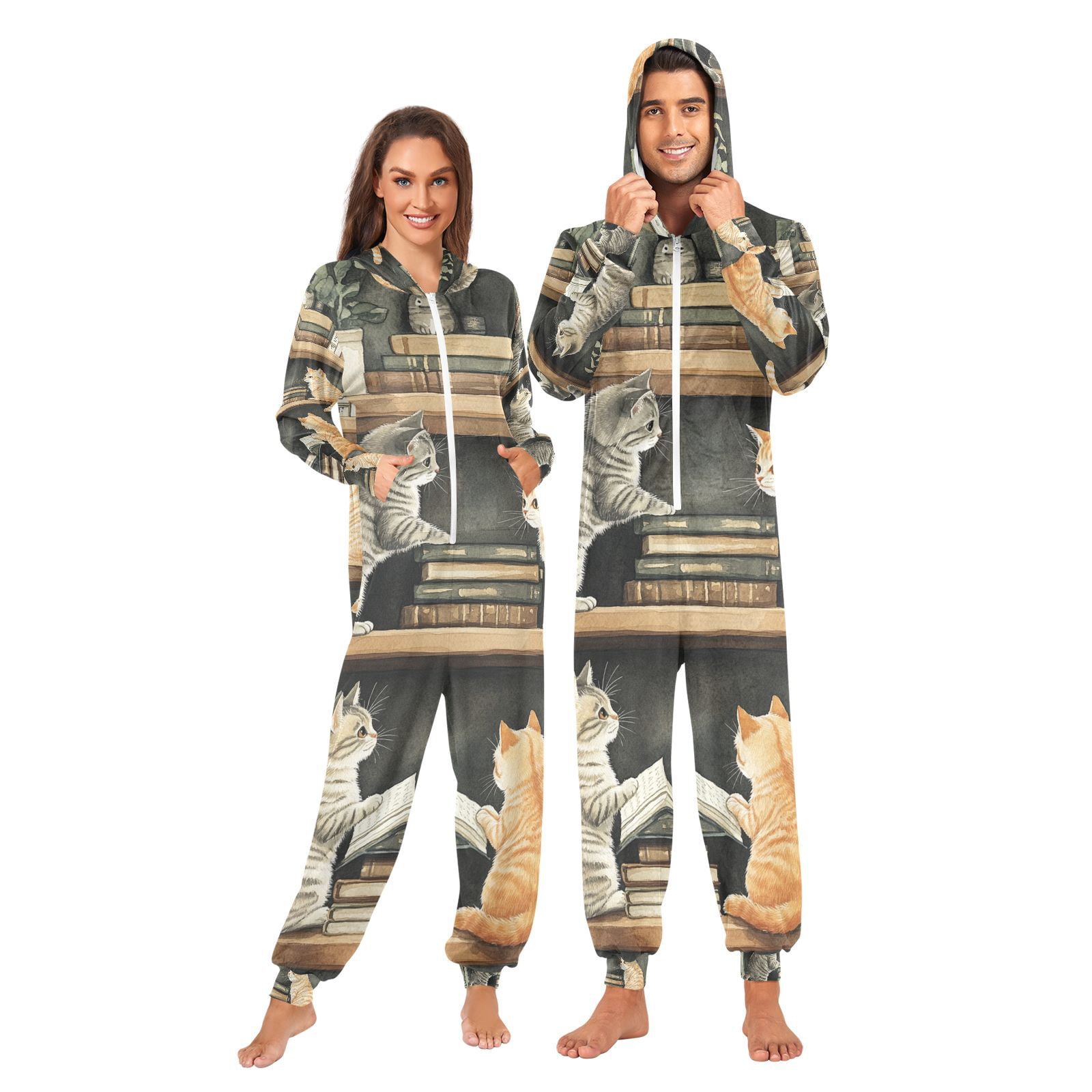 Cats and Books Adult Onesie Pajamas Slim Fit Christmas One Piece Suit Pjs for Women and Men Hooded Zipper
