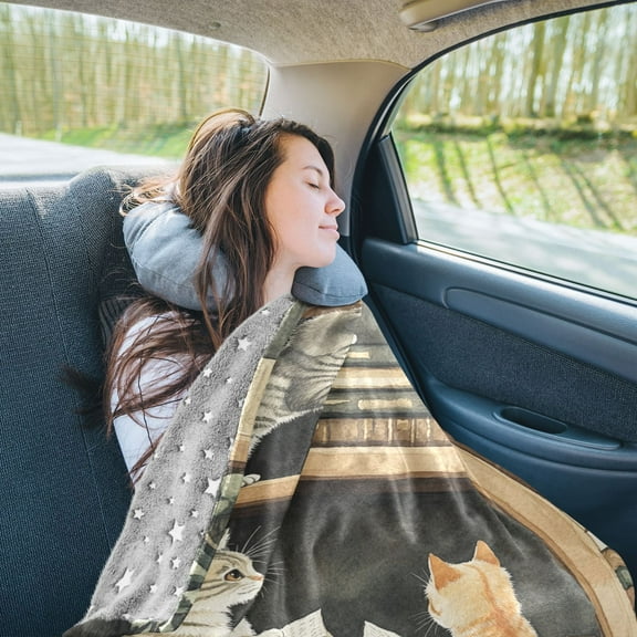 Cats and Books Travel Blanket Pillow Compact Foldable Airplane Throw Blanket with Trolley Sleeve for Travel Camping