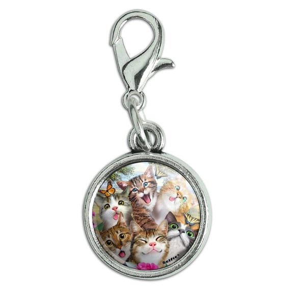 Cats and Butterflies Selfie Antiqued Bracelet Pendant Zipper Pull Charm with Lobster Clasp