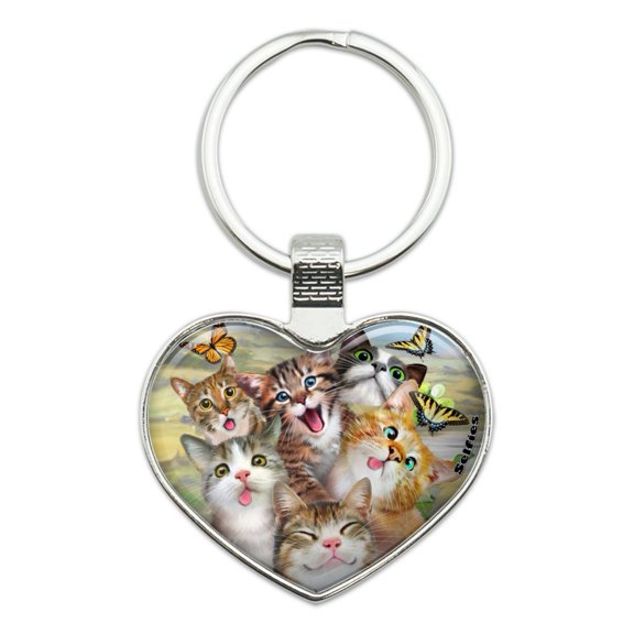 Cats and Butterflies Selfie Keychain Heart Love Metal Key Chain Ring