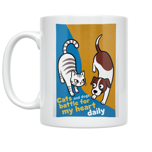 Cats and Dogs Battle for My Heart - Pet Lover - 11 oz Ceramic Coffee Mug