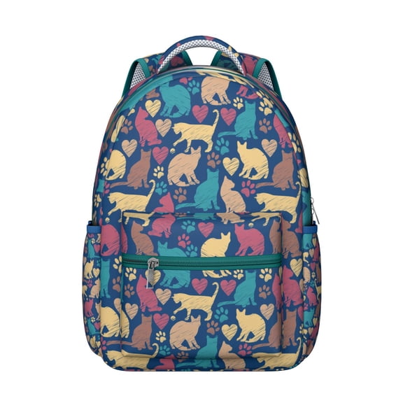 Cats and Flowers Print Student School Backpack with Geometric Cat Pattern and Abstract Cat Art Artistic Minimalist Design