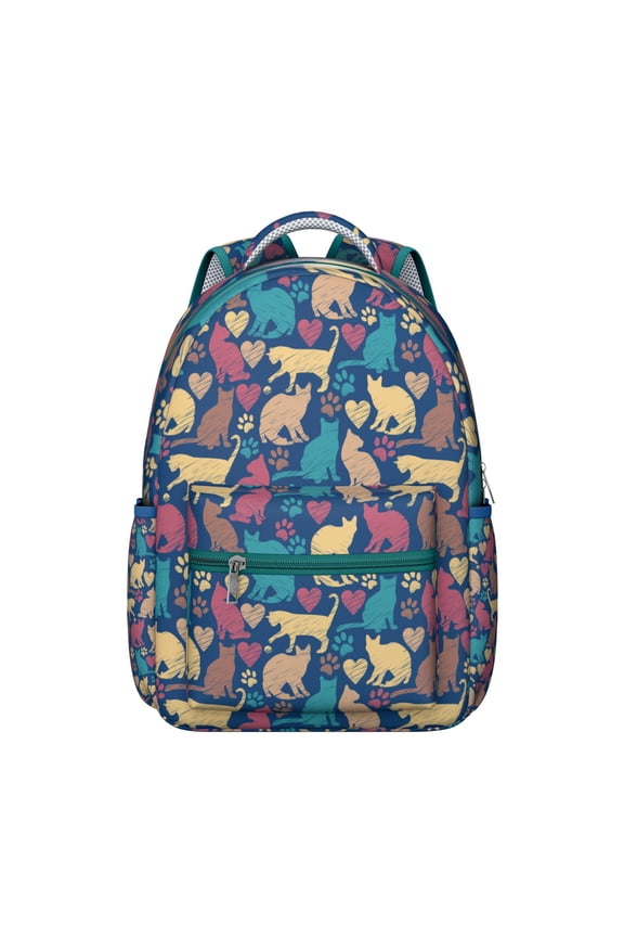 Cats and Flowers Print Student School Backpack with Geometric Cat Pattern and Abstract Cat Art Artistic Minimalist Design