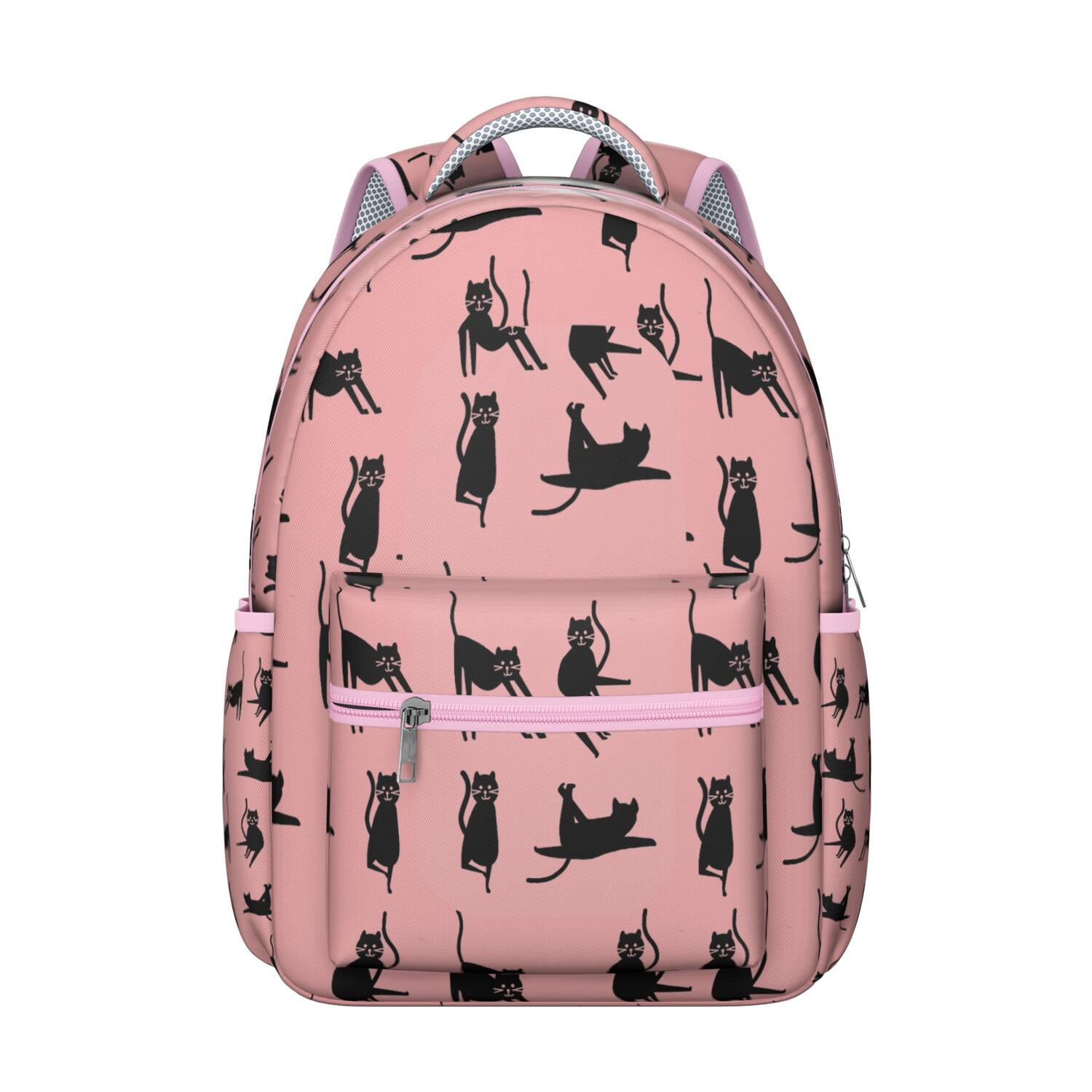 Cats and Hearts Pattern Student School Backpack with Cats and Flowers Print  Boho Cat Aesthetic Artistic Watercolor Design