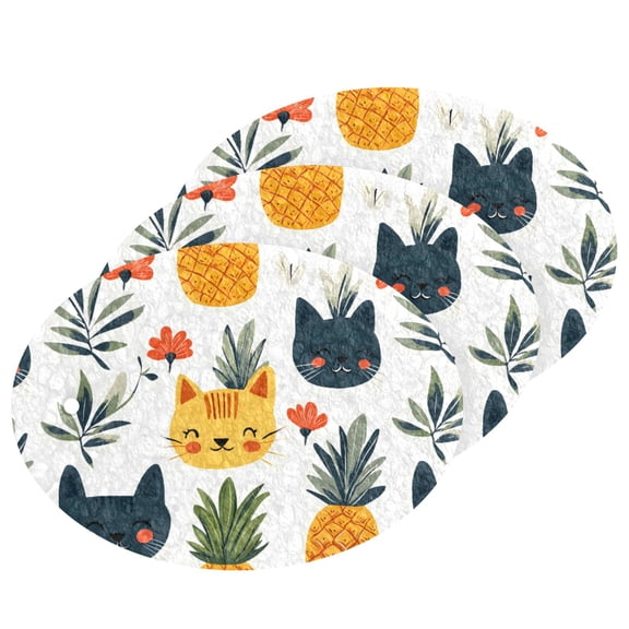 Cats and Pineappleawhite Pattern Cellulose Cleaning Sponge Set 3 Pack Compressed Kitchen Scrubber for Dishes