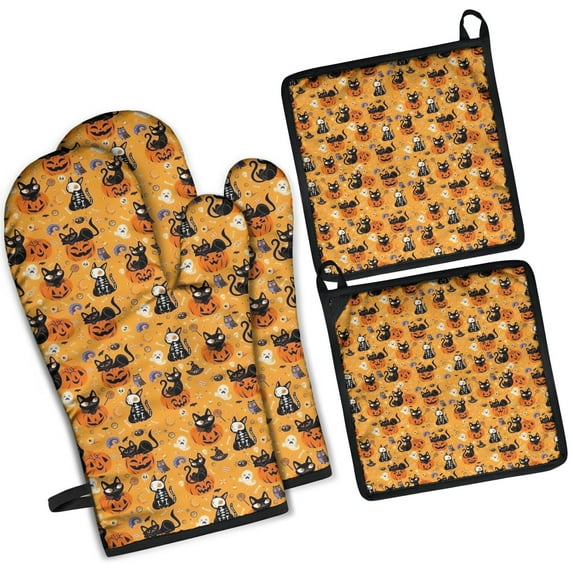 Cats and Pumpkins Halloween Pattern Kitchen Oven Mitt and Pot Holder Sets 4 Pcs for Baking, Cooking and Grilling, Heat Resistant Up To 392 °F