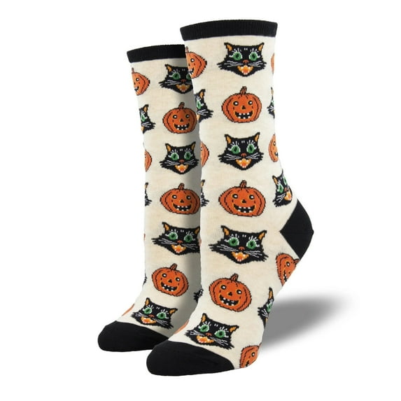 Cats and Pumpkins from the Sock Panda (Adult Medium - Women's Shoe Sizes 5-10) Color: Beige