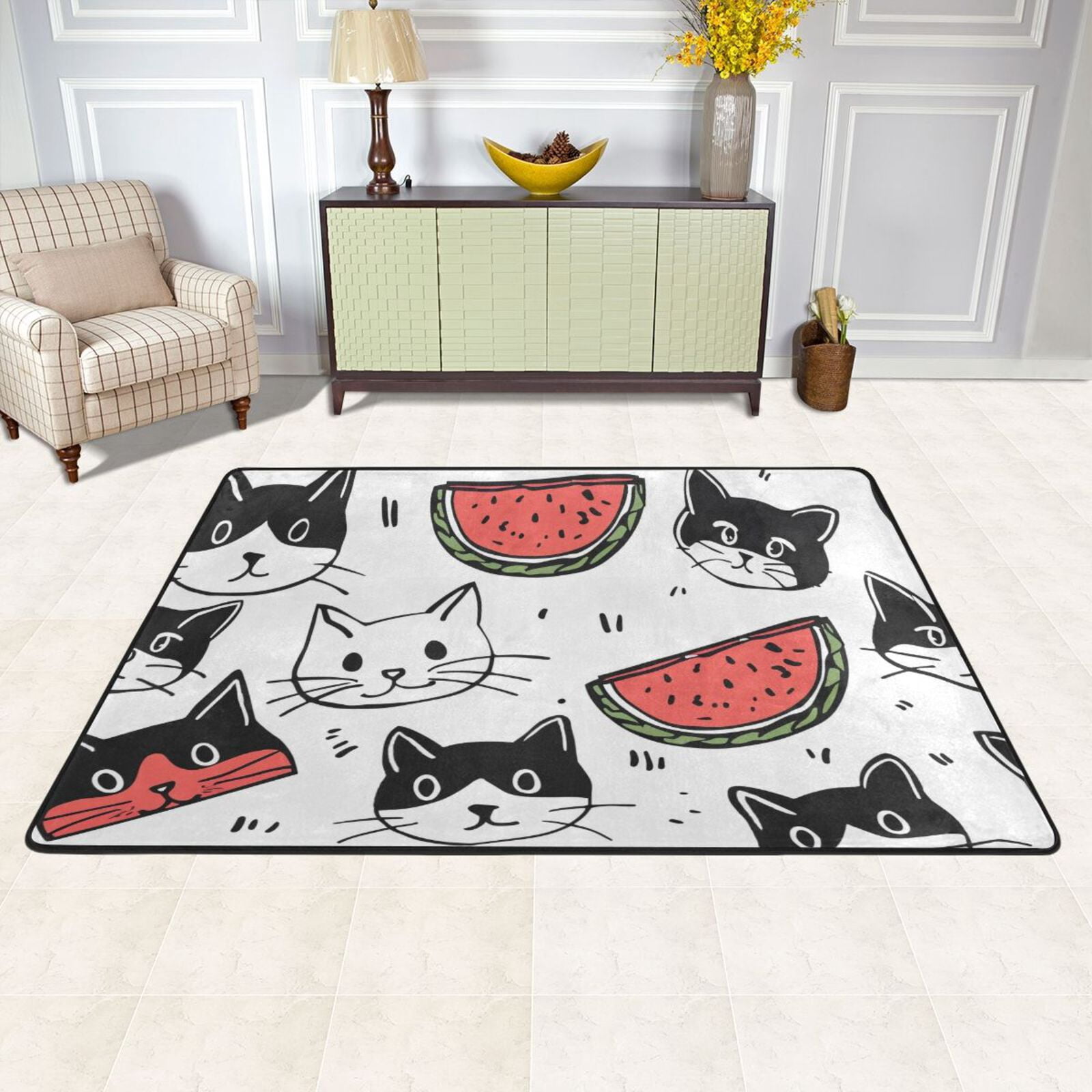 Cats and Watermelons Area Rug Washable 72 x 48 Floor Carpet Mat Non ...