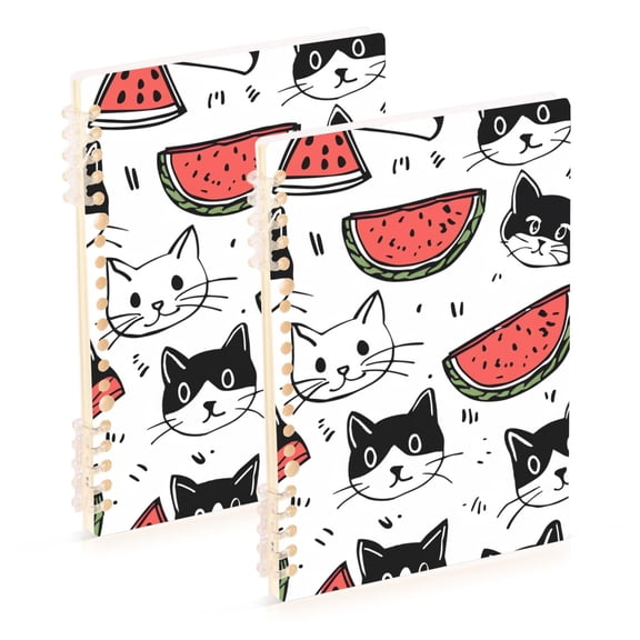 Cats and Watermelons Ring Binder Notebook Journey Note Diary College Ruled Spiral Notebook Study Loose Leaf Paper A5 60 Pages