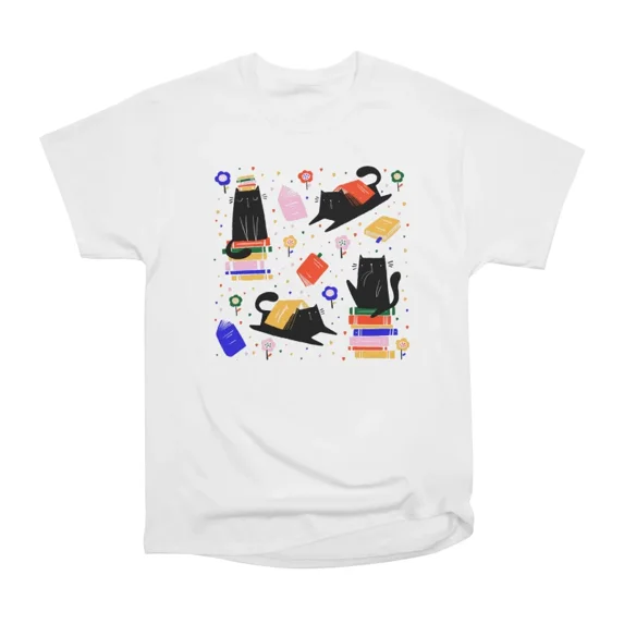 Cats and books and flowers pattern T-Shirt Tee Gift For Him Merch For ...