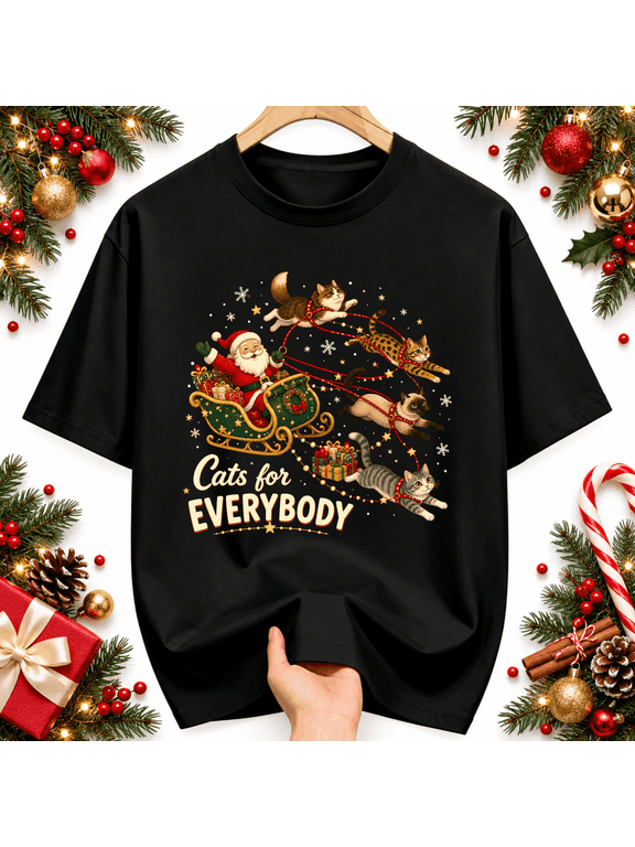 Cats for Everybody Christmas Unisex Graphic T-Shirt, Santa Sleigh Cat Holiday Gift Design