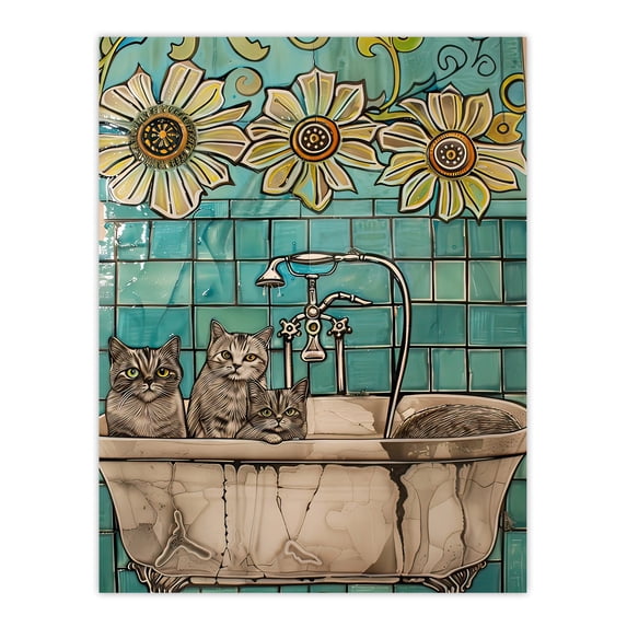 Cats in Bathtub Cat Lover Bath Time Sunflower Bathroom Toilet Extra Large XL Wall Art Poster Print