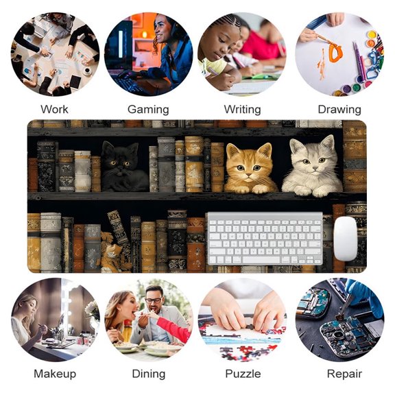 Cats in Bookshelf Mouse Pad 31.5 x 11.82 Inches Rubber Desk Accessory for Office and Home Use