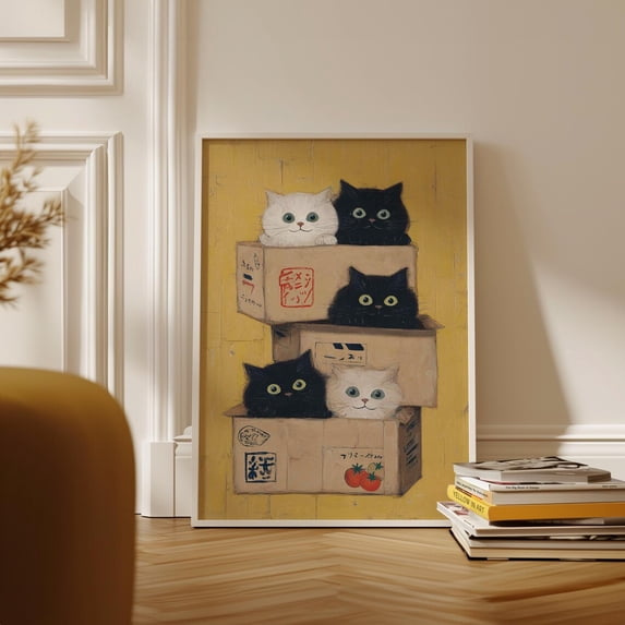 Cats in Boxes Vintage Illustration Cute Animal Playroom Wall Art Print ...