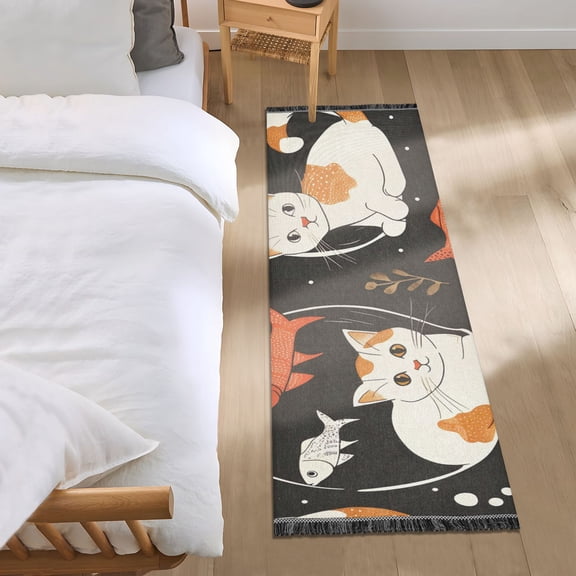 Cats in Fish Bowl Fishes Bubbles Leaves Bedside Runner Rug 2'x 6' Non Slip Carpet Floor Mat Area Rug