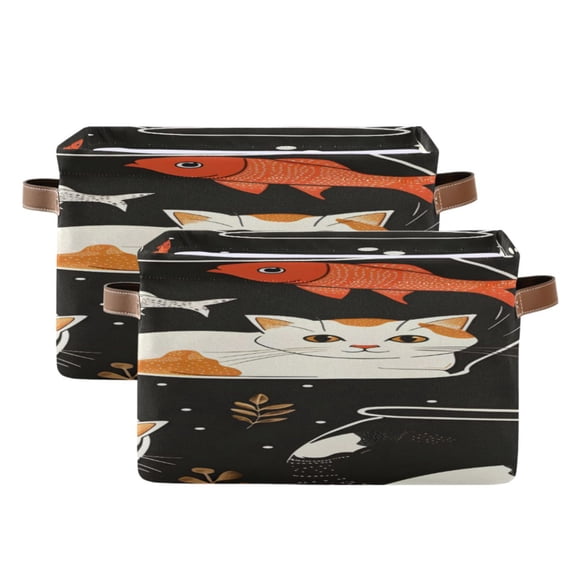 Cats in Fish Bowl Fishes Bubbles Leaves Square Storage Bins with Handles Collapsible Containing Box 2 Packs