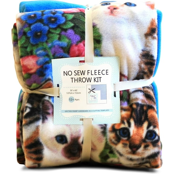 Cats on Cats No-Sew Throw Fleece Fabric DIY Blanket Making Kit, Make Your Own, Anti-Pill, 50x60 inches