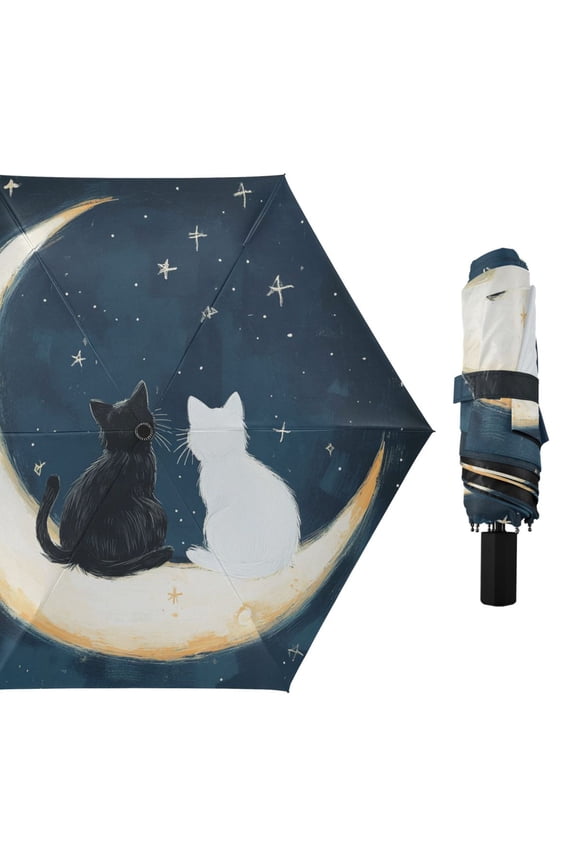 Cats on Moon Looking Starry Night All Weather Umbrella Triple Folding Parasol 6 Ribs UV Protection Portable