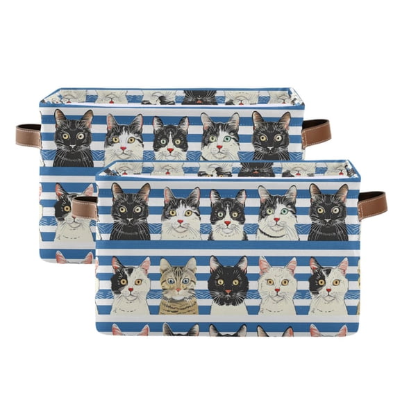 Cats with Blue White Striped Storage Bins with Handle Fabric Organizer Basket Foldable Box 2 Pack 14.2x10.2x8.3