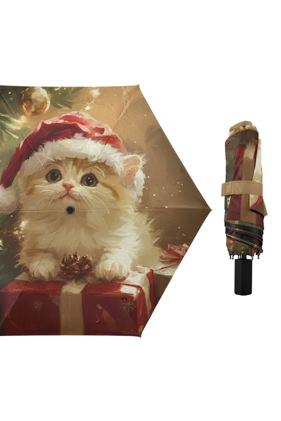 Cats with Christmas Hat Presents Tree All Weather Umbrella Triple Folding Parasol 6 Ribs UV Protection Portable