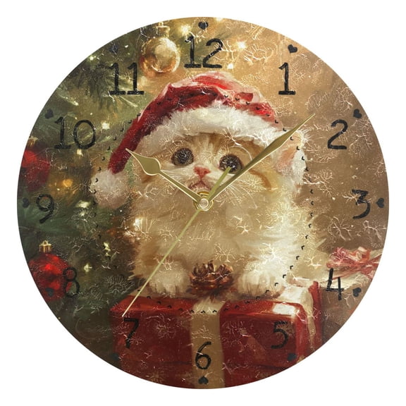 Cats with Christmas Hat Presents Tree Round Wall Clock Silent Analog Battery Operated Gold Pointer Home Decor 9.84" Diameter