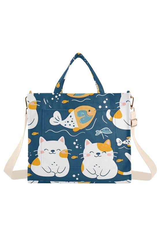 Cats with Fish Corduroy Tote Bag Handbag Large Messenger Bag Shoulder Crossbody Zipper Bag Purse